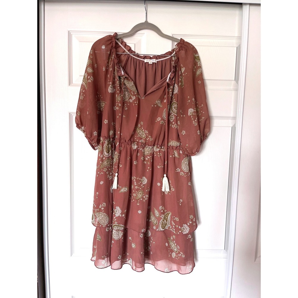 Bailey Blue Women Mauve Paisley Chiffon Tiered Ruffle Peasant Dress Large